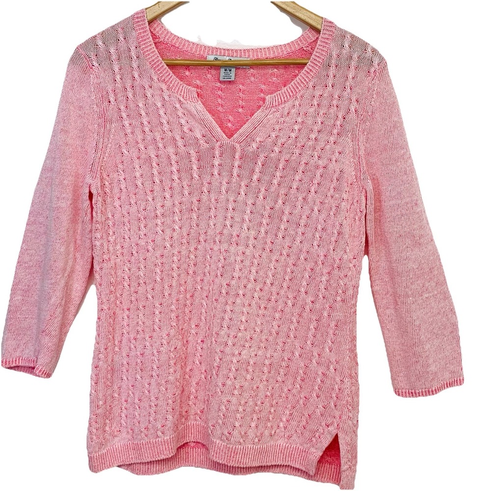 Tommy Bahama Loose Knit Pink Linen Sweater Medium V Neck 3/4 Sleeve Travel‎ Work